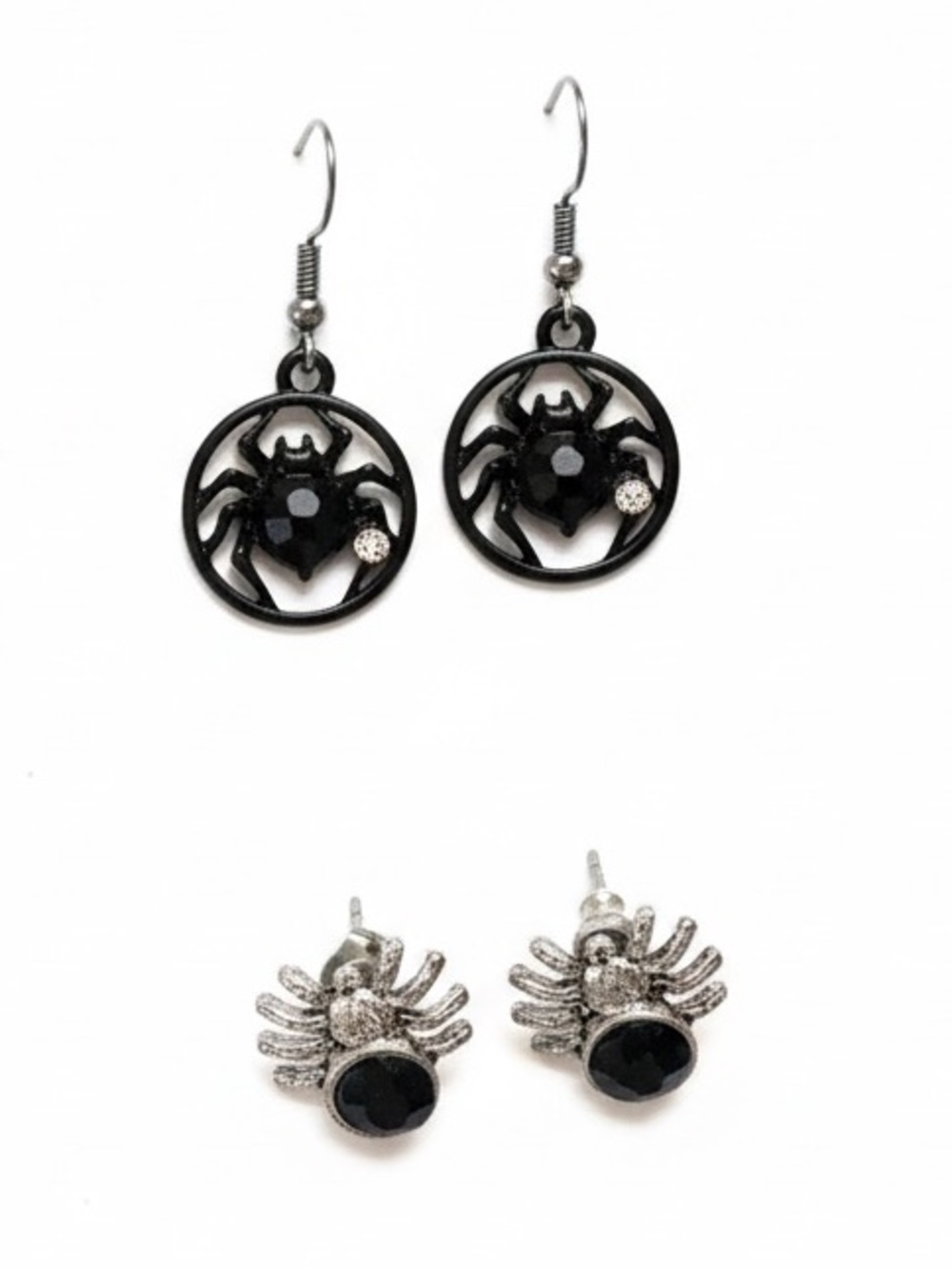 Goth Spider Earring Bundle Halloween Silver Circle Dangle BLK Gem Stud Lot of 2
